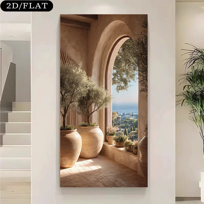 

2D Flat Large Modern Potted Olive Tree & Seascape Canvas Wall Art Painting Unframed Mediterranean Coastal Prints for Living Room