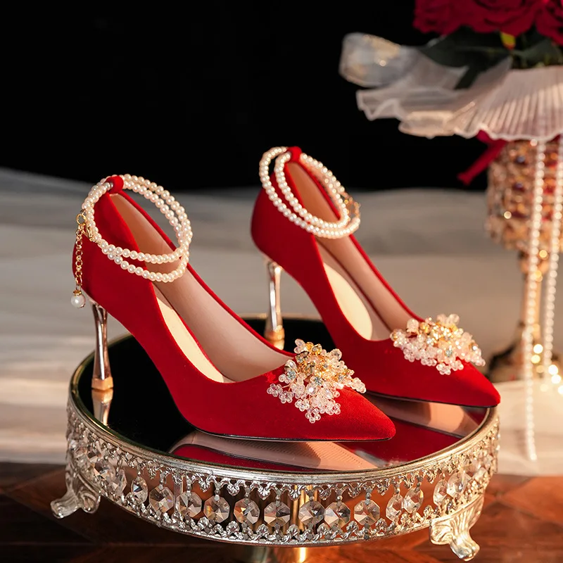 Large Size 31-43 Red Bride Shoes Stiletto High Heels Women Pearls Chain New Chinese Style Wedding Shoes