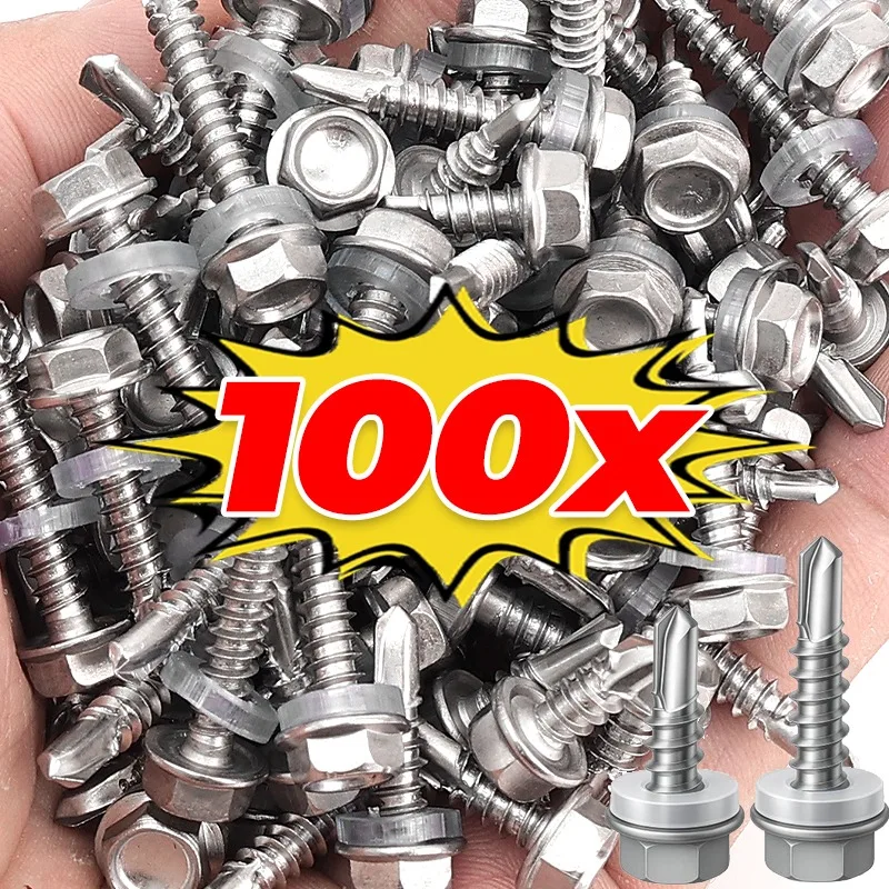 100/20Pcs Self Drilling Tapping Screw Tainless Steel External Hex Self-tapping Screw with Rubber Rings Home Improvement M4.8