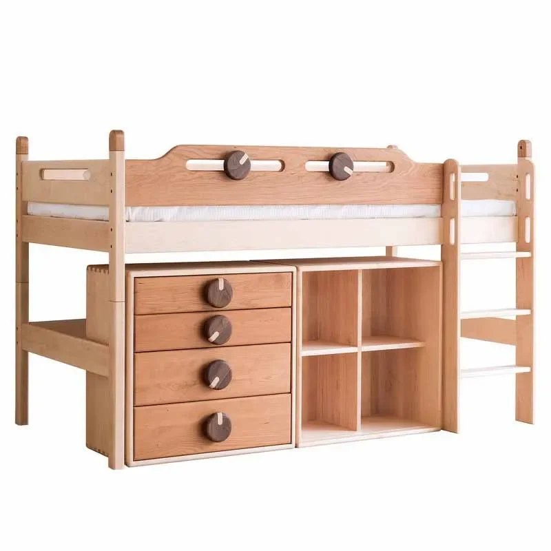 

Single medium elevated bed High and low half high bed, house with guardrail Maple solid wood, children's bed Tree house bed