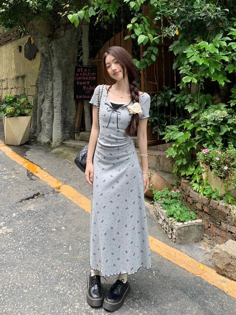 

Sweet Korean Fake Two-piece Bow Print Dress Women Lace Patchwork Women Temperament Slim Lace Up Summer Gentle Chic Elastic Wear