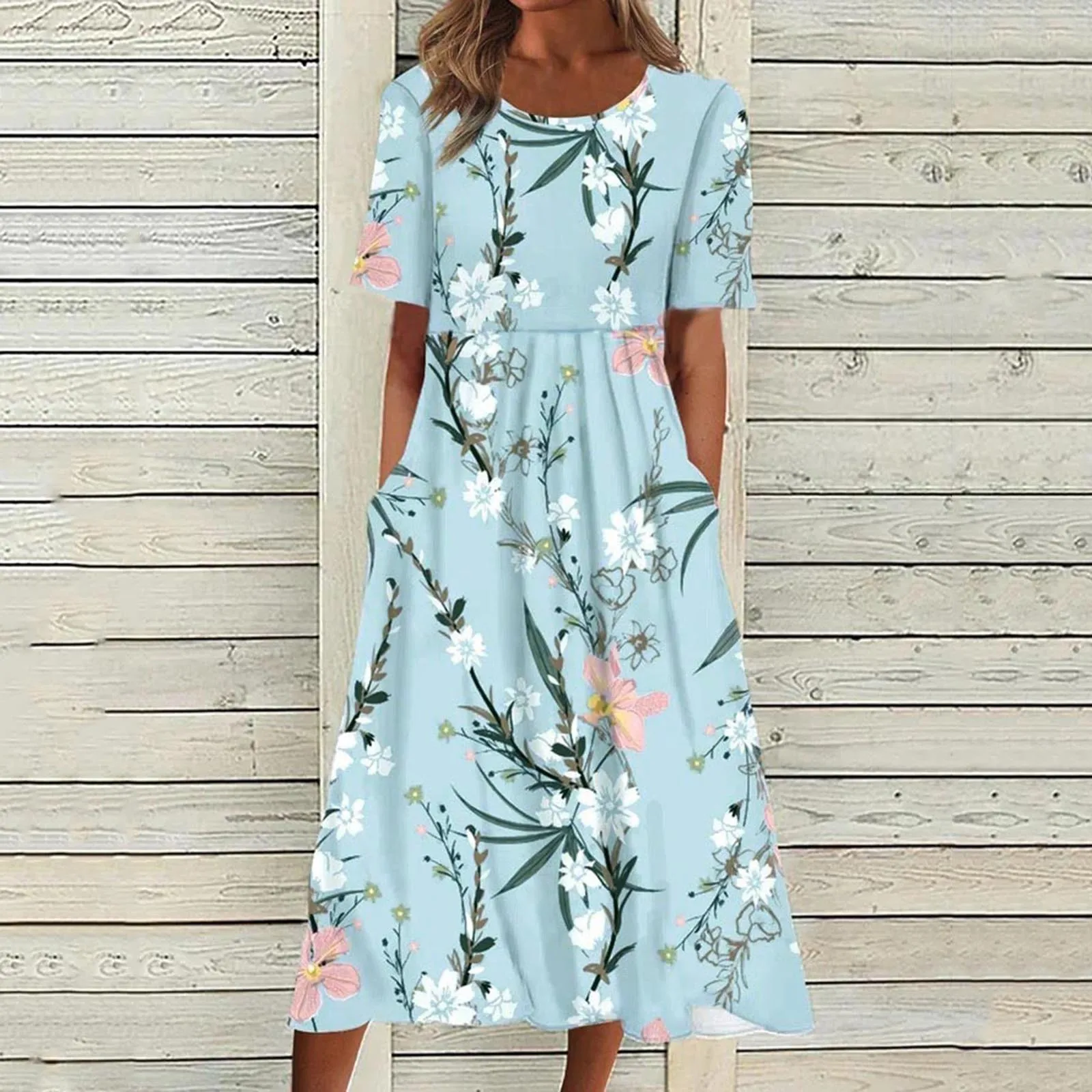 Summer Chiffon Casual Beach Vestidos Mujer Boho Flower Print Women Short Sleeve O-Neck Loose Dress Pockets Retro A-Line Dresses