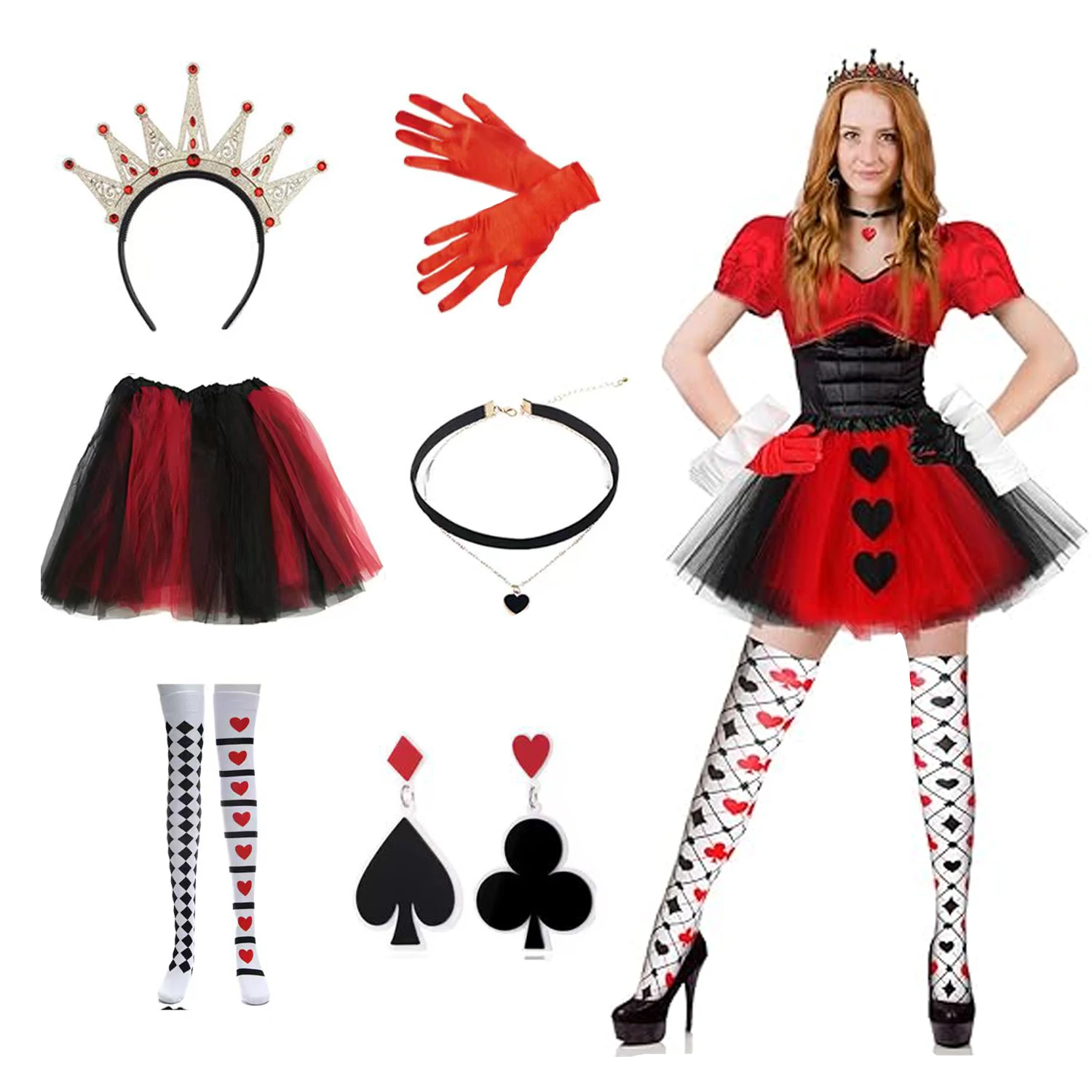 

PESENAR alloween Queen Costume for Women Red Black Heart Skirt Gloves Necklace Earrings High Sock for Cosplay