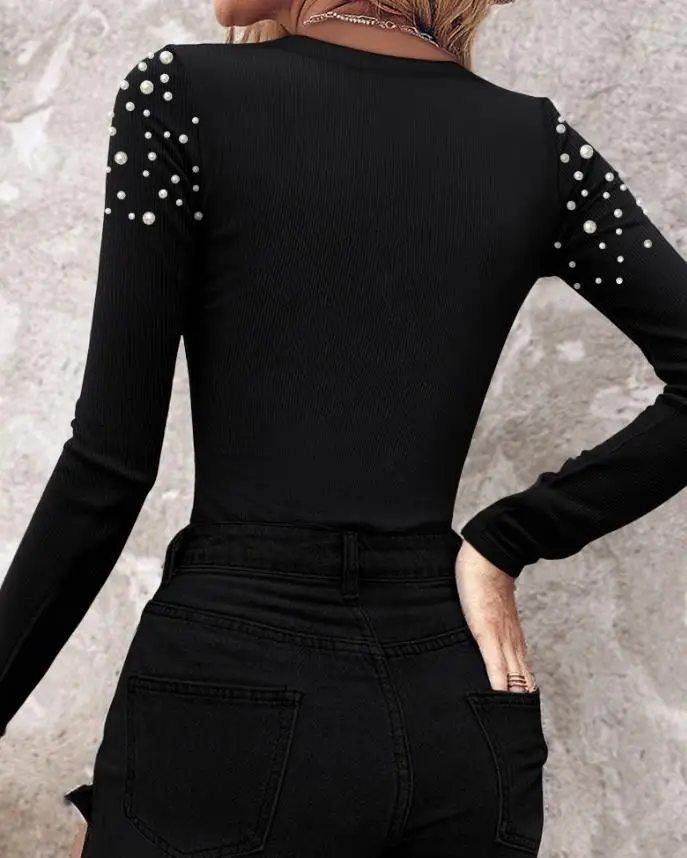 2025 Autunno Inverno New Fashion Casual Sexy Strass Decor Farfalla Scava Fuori Manica Lunga Tee Slim Fit A Coste Stratificazione Top