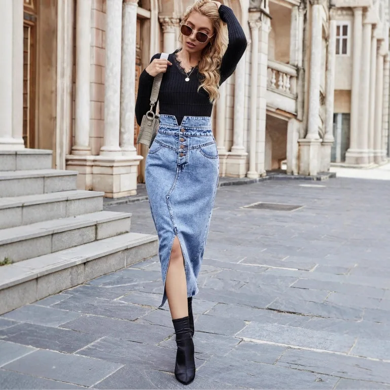 

Осень-зима, хлопковая длинная джинсовая юбка, женская мода 2025, джинсовые юбки с высокой талией для женщин, элегантная одежда Y2k