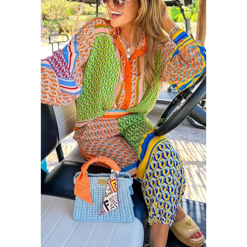

2025 Fashion Casual Printed Set High Street Women's Elegant Shirt And High-Waisted Wide-Leg Pants Two-Piece Set