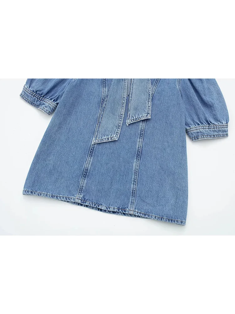 TRAF 2023 Summer New Women Denim Shirt Bow Knot Half Puff Sleeve T-Shirt and Retro Skirt Cape Skirt Street Fashion Suit