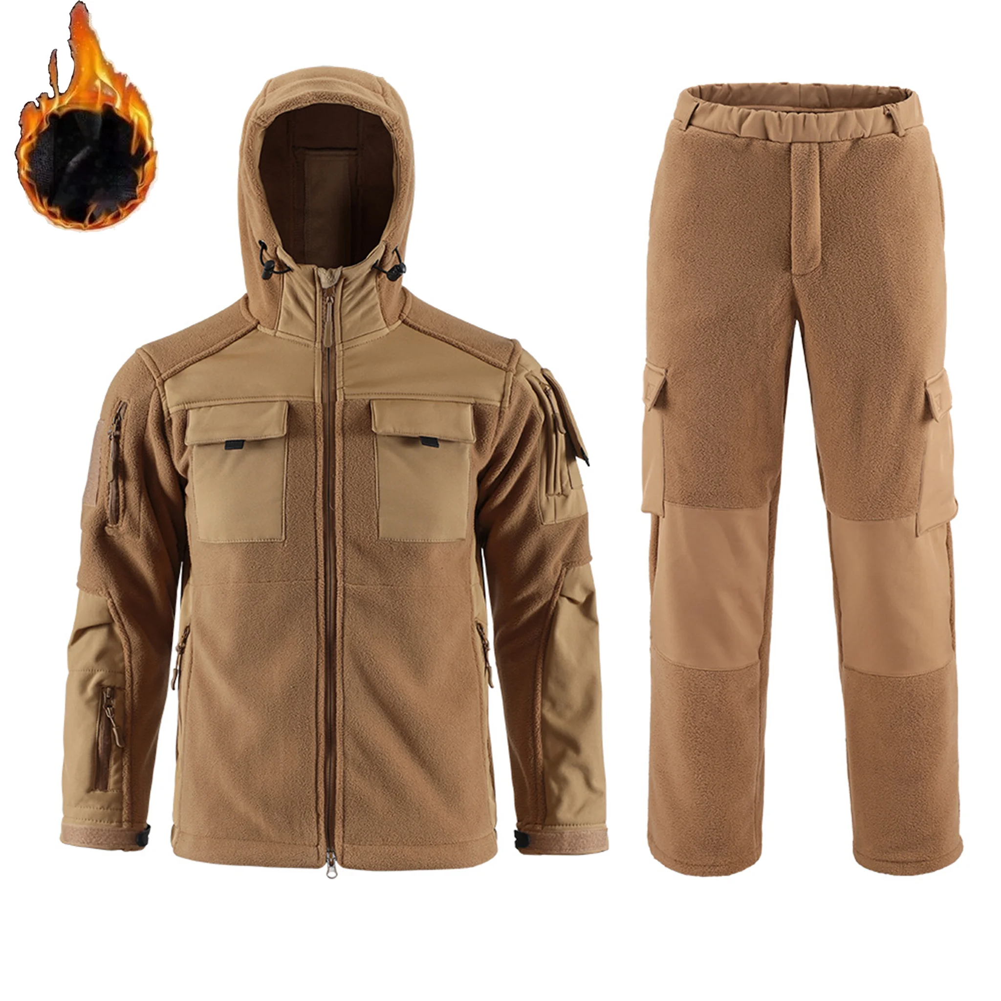 

Tactical Fleece Jacket Set Men's Outdoor Camo 3 Layer System Hooded Mid Layer Military Warm Winter Fleece Sports Suit