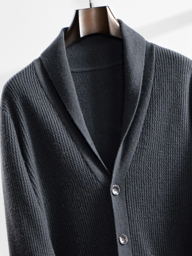 Men's Sweater 100% Cashmere Knitwear Autumn Winter Thick Cardigan Smart Casual Shawl Collar Tops Warm Buttons Pockets Clothing