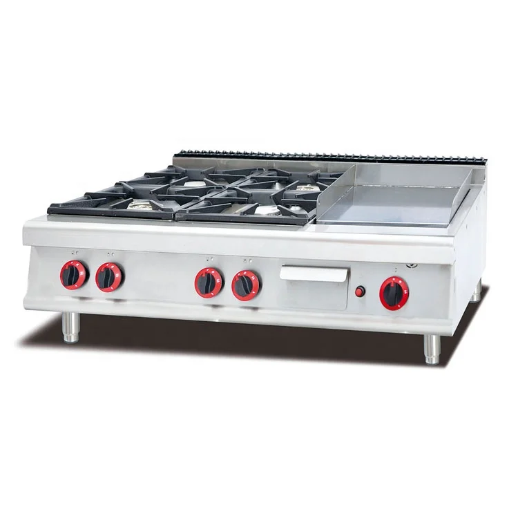 Commercial 4 Burner Gas Stove combine Lava Rock Grills and Bakery Oven