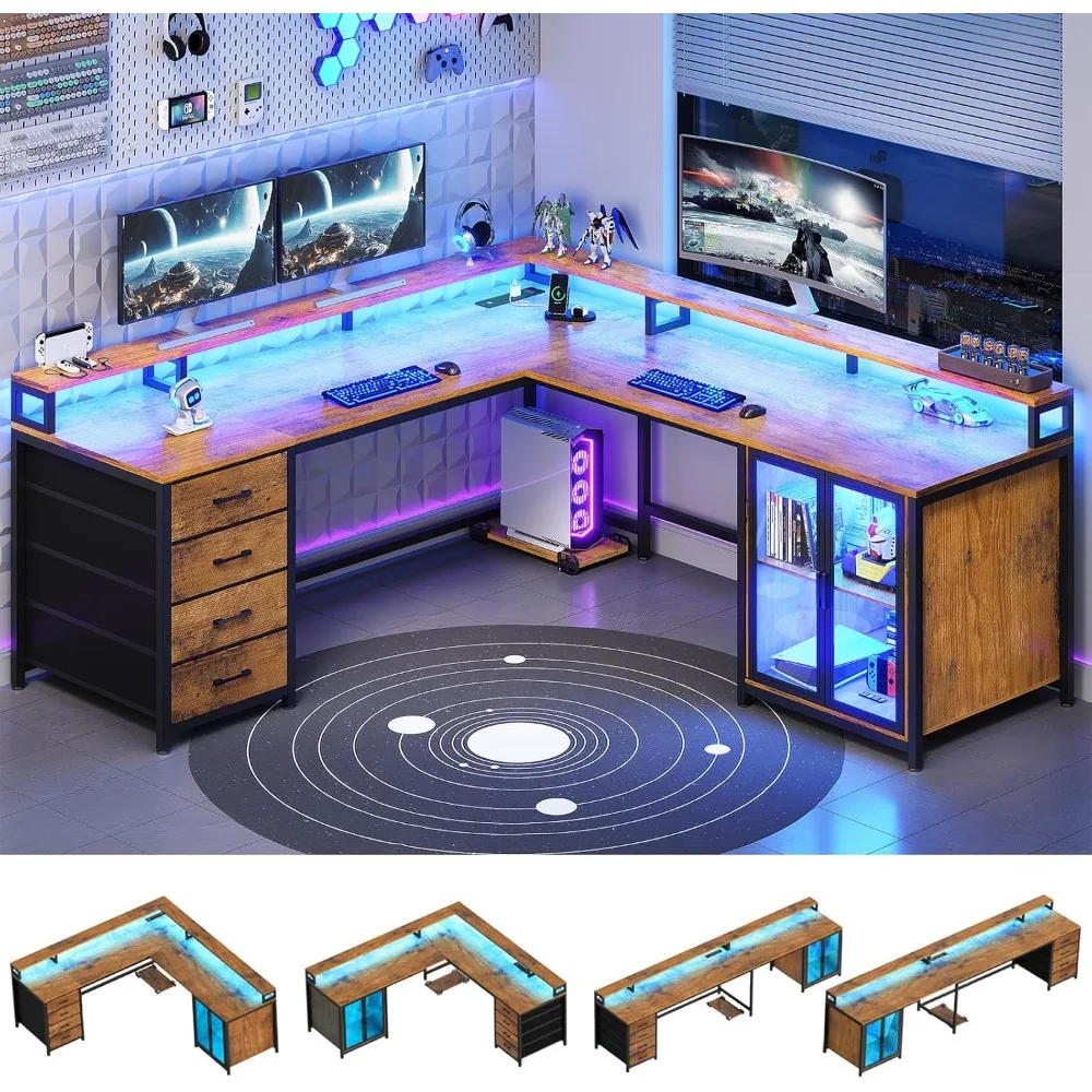 

L-shaped gaming desk with 4 drawers, 109 inch computer desk with display cabinet, home office desk with 2 monitor stands