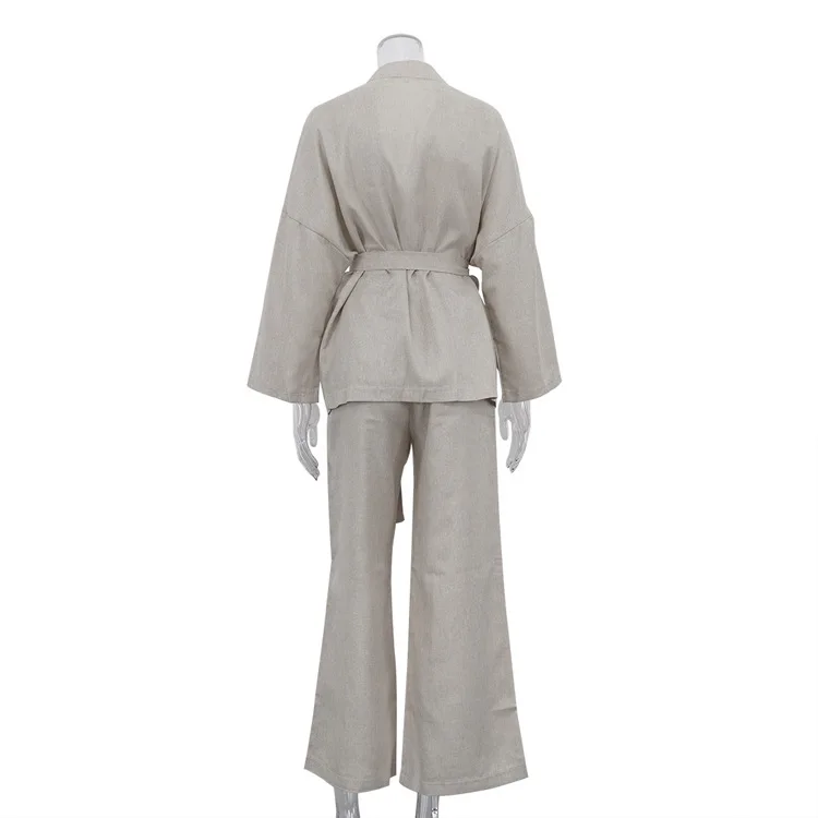 2026 Nieuwe Casual Kaki Tweedelige Outfits Vrouw Herfst V-hals Lange Mouwen Lace-Up Shirts En Eenvoudige Rechte Broek vrouwelijke Sets