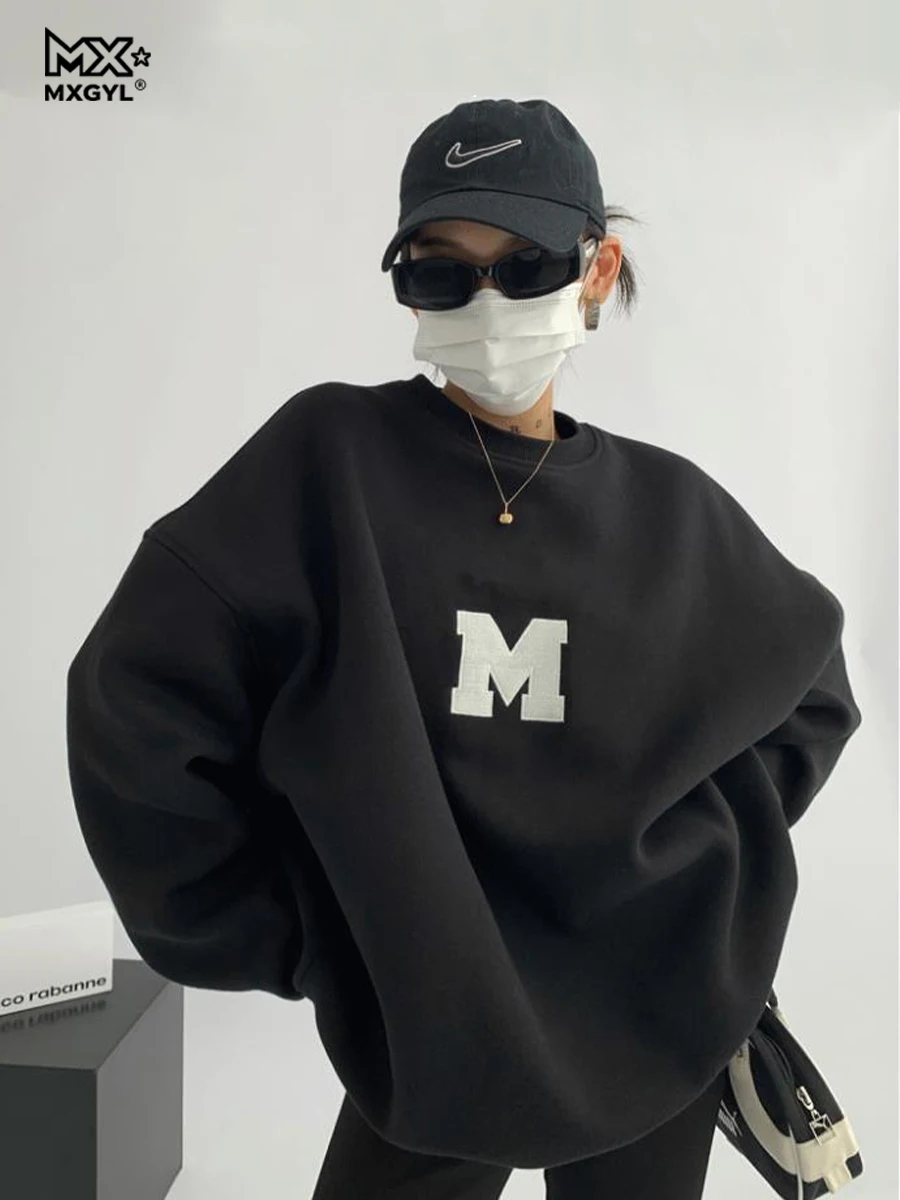 2025Retro Amerikanischen Grau Rundhals Sweatshirt Frauen Oversize Frühling Herbst Lose Schulter Top Volle Hülse Baumwolle Verdickt Winter