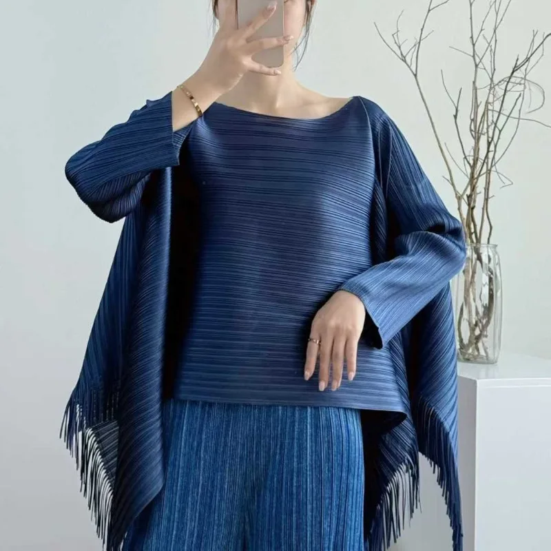 

Miyake Pleated Fringe Wide-Hem Top A-Line Loose-Fit T-Shirt 2026 Summer New Long-Sleeve Base Layer Stretch Plus Size Women's