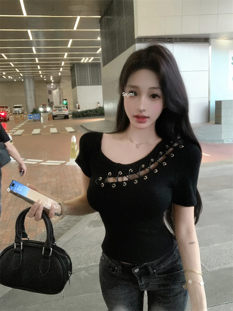 

2025 Summer Korean Fashion Sexy Asymmetrical T-Shirt Women's Slim Tie Strap Short Sleeves Design Top Casual High-street Pullover