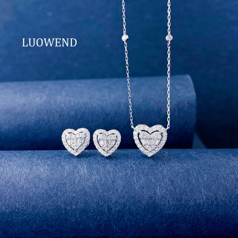 

LUOWEND 100% 18K White Gold Necklace Heart Shape Real Natural Diamond Necklace&Earrings&Bracelet for Women High Jewelry Set