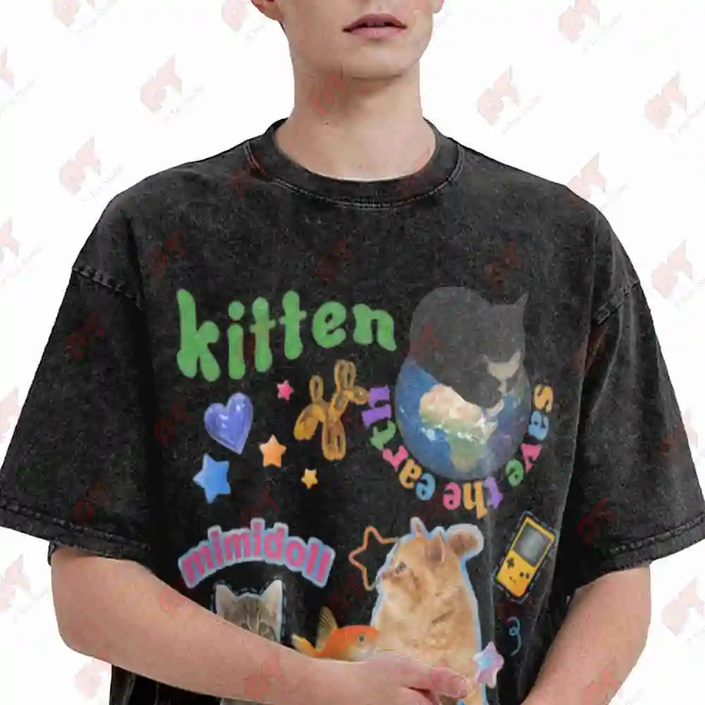 Y2K Fun Silly Cat 90S Kawaii Kidcore Meme Harajuku Vintage Washed Tee Pure Cotton T-Shirt