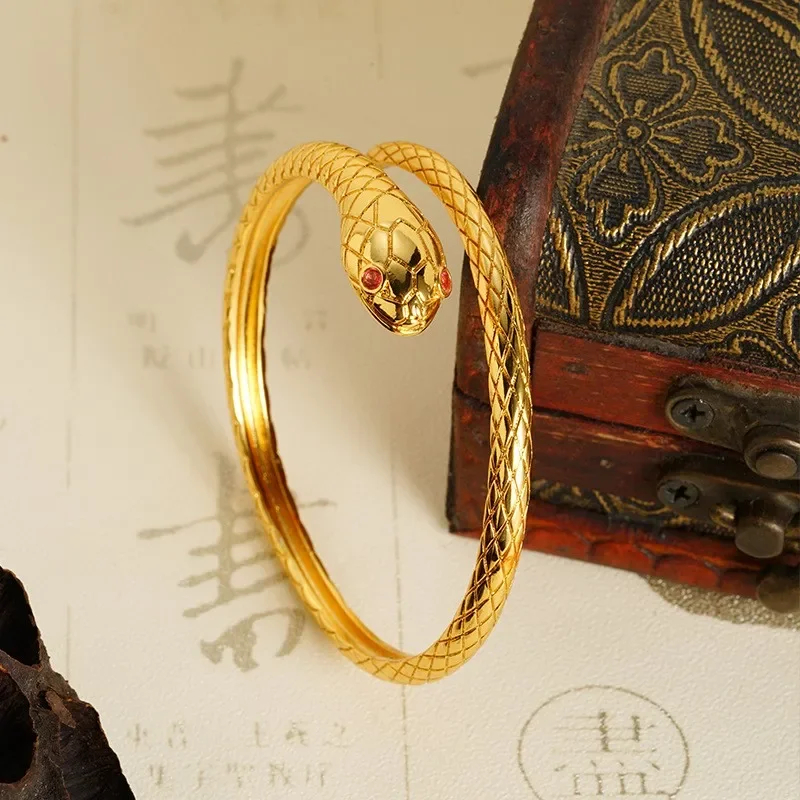 

999 Real Snake Bracelet, 24K Personality Ancient Snake Shape Open Bracelet for Ladies Wedding Birthday Gifts