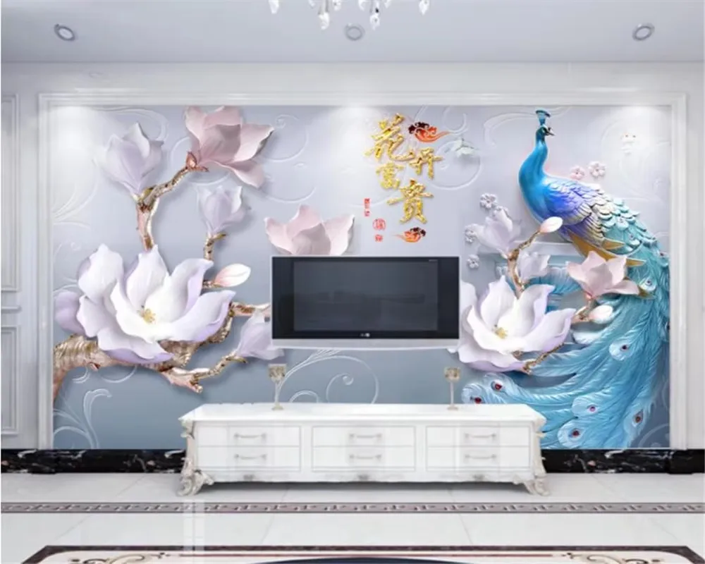 

Custom wallpaper dream starry sky bird peacock rich flower open TV background wall living room bedroom 3d wallpaper