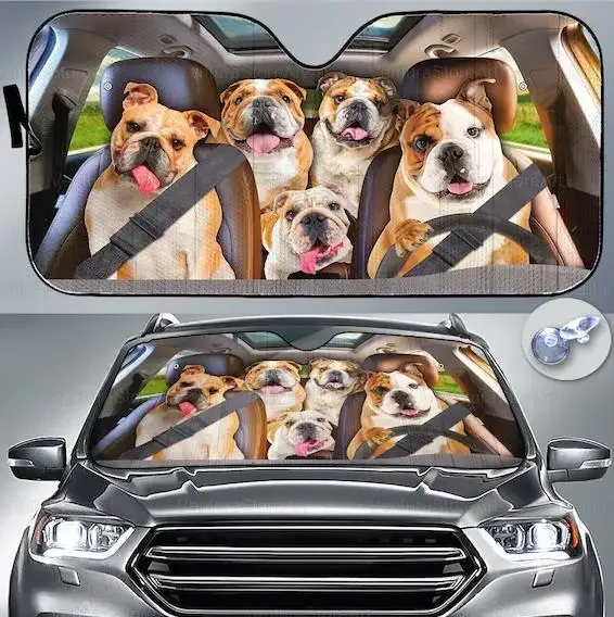 Bulldogs Driving Headband Eyeglasses Dog Couple Summer Car Sunshade, Bulldogs Car Window Sun Cover Car Windshield Durable Visor