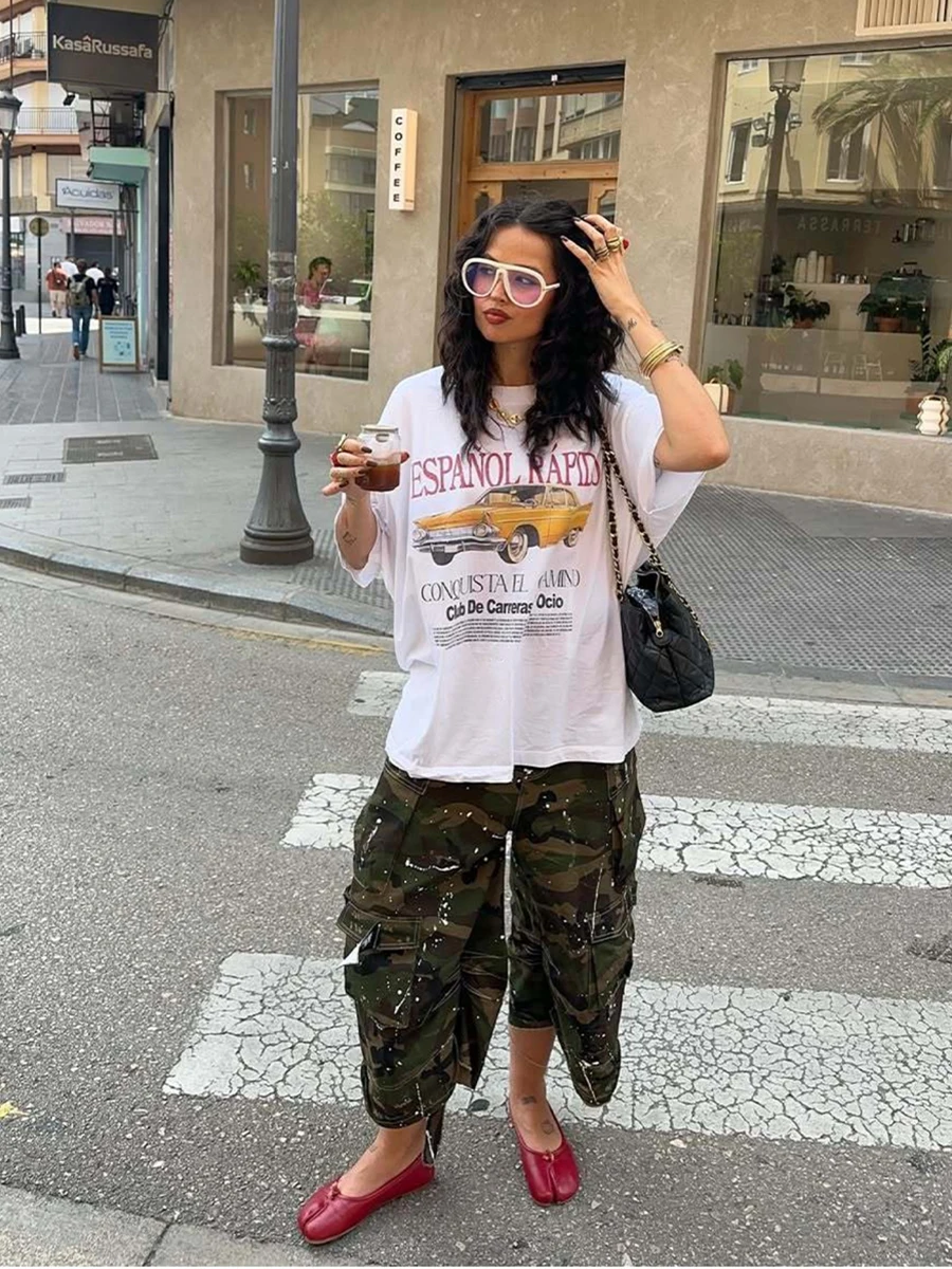 

Ретро американская винтажная летняя футболка OOTD с буквенным принтом автомобиля Spicy Girl Loose ort Sve женская хлопковая круглая футболка Ne Top