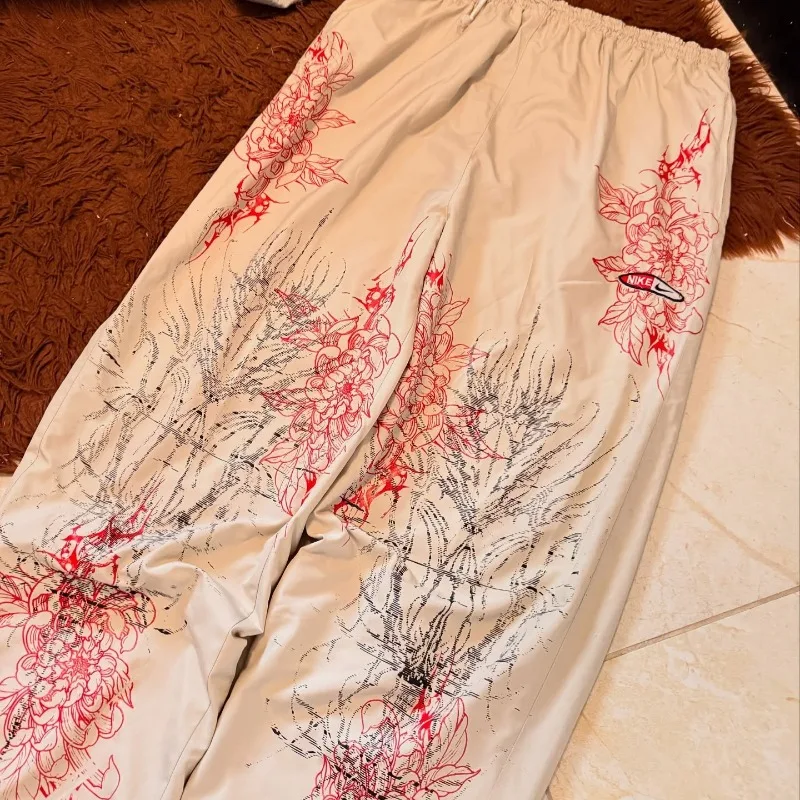 Harajuku Red Spider Lily Print Casual WideLeg Cargo Pants Japanese Unisex Street Fashion Loose Fit Comfortable Oversize Daily
