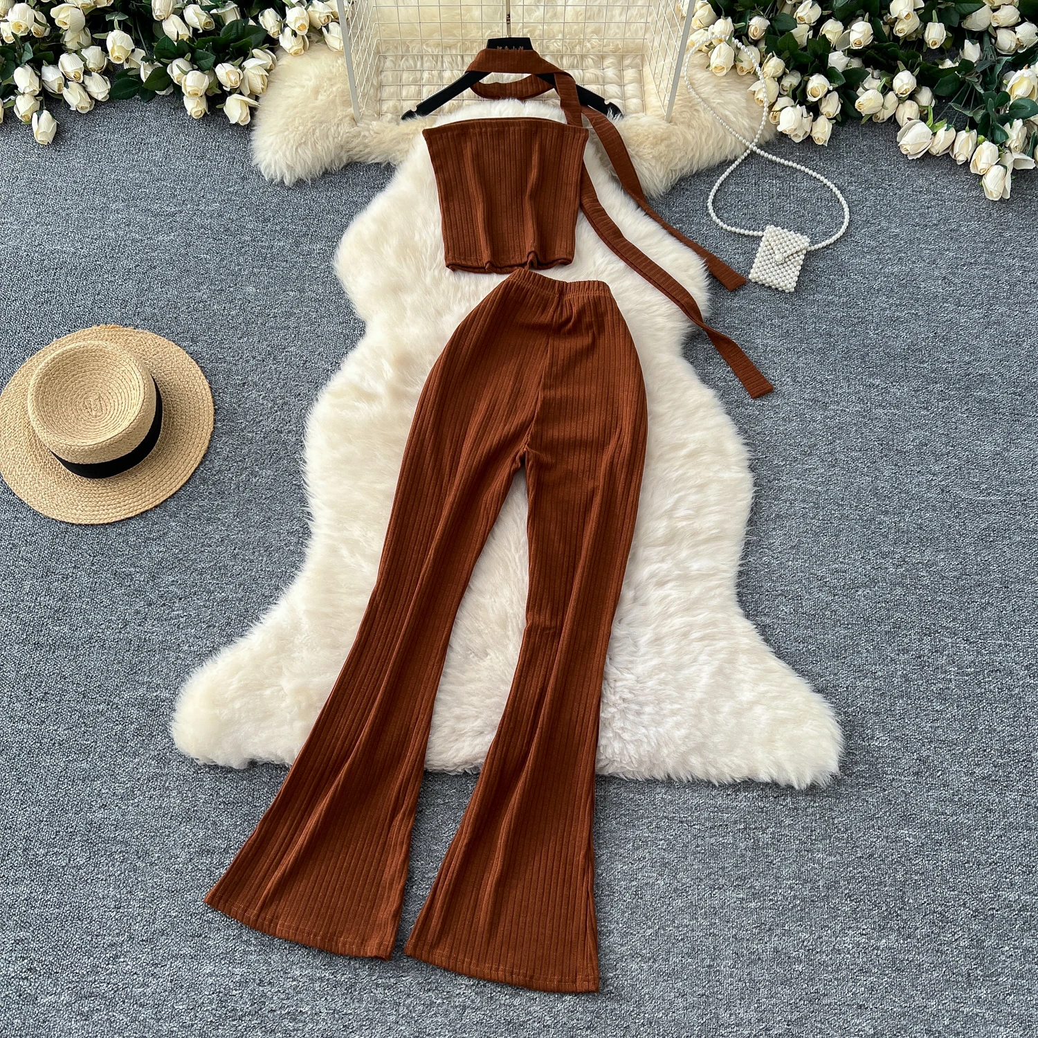 Chic Women Two-Piece Sets Halter Sleeveless Slim Tank Top and High Waist Flare Pants Korean Streetwear Autumn Hotsweet Clothing