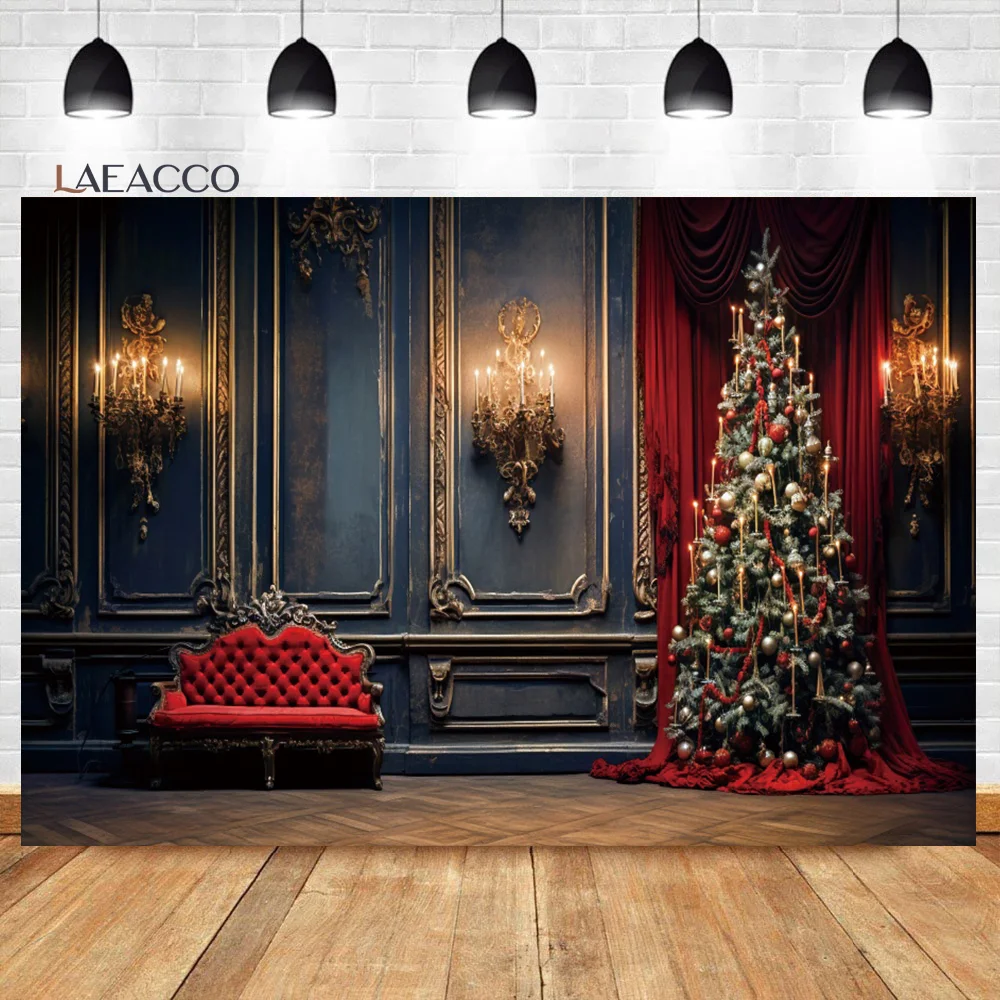 

Laeacco Classic Christmas Interior Room Photography Backdrop Red Curtain Xmas Trees Family Kids Holiday Party Portait Background