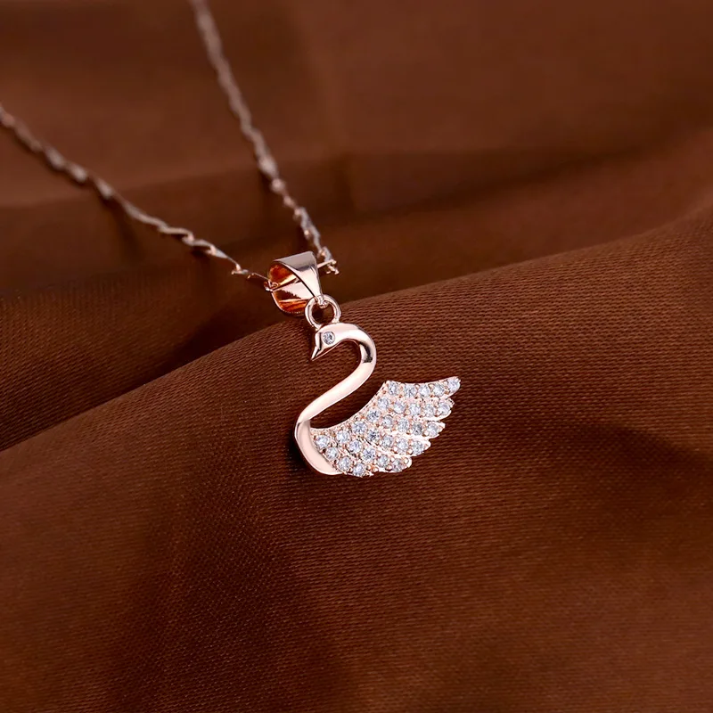 New 925 Sterling Silver Rose Gold Swan Pendant Necklace For Women Light Luxury Zircon Clavicle Chain Fine Jewelry Gifts