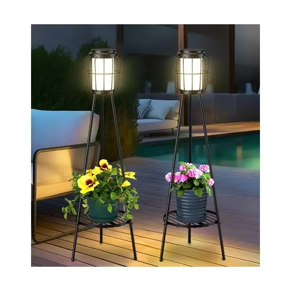 2-in-1 Solar Floor Lamp and Planter Stand for Patio Deck Porch Yard Garden | Weatherproof Metal Construction | Auto Dusk-to-Dawn