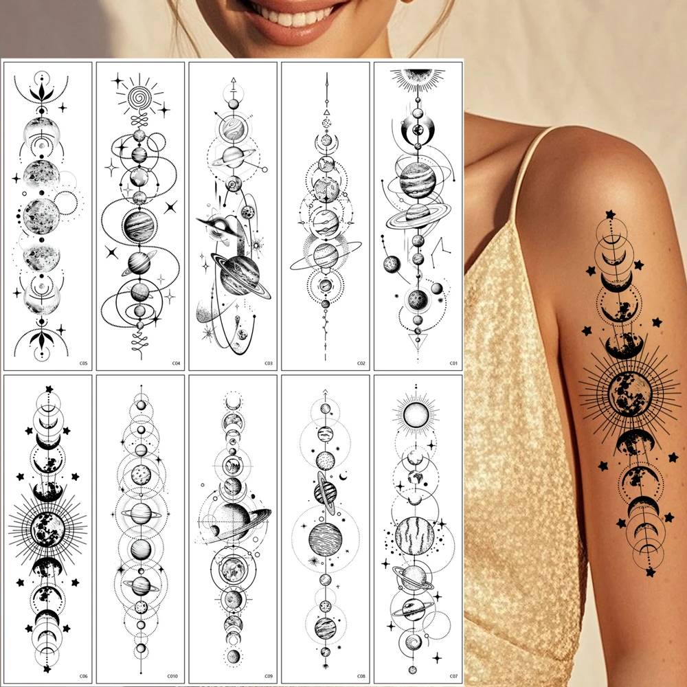 

10pcs Waterproof Tattoo Stickers for Women Men Body Decor Planet Pattern Temporary Tattoos Sexy Fake Tattoo for Hand Arm Leg
