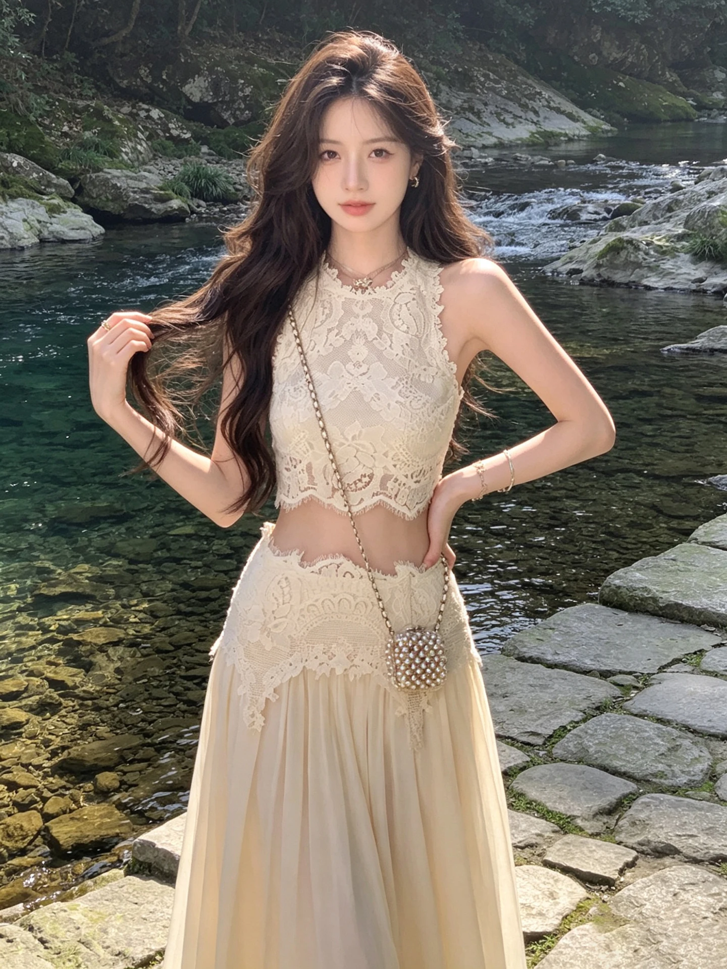 

Summer Lace Crop Top And Vest Set Women's High Waist Long Skirt Two-Piece Outfit Short Sleeve round Neck Pullover Fashion Ens...