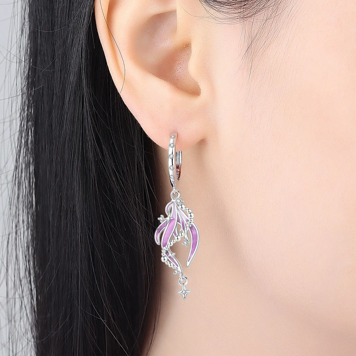 Original 925 Sterling Silber Ohrringe, Vielseitige Exquisite Hellviolette Rosa Blumen-Schmetterlings-Ohrringe, Schmuck für Frauen zum Geburtstag – Detail 7