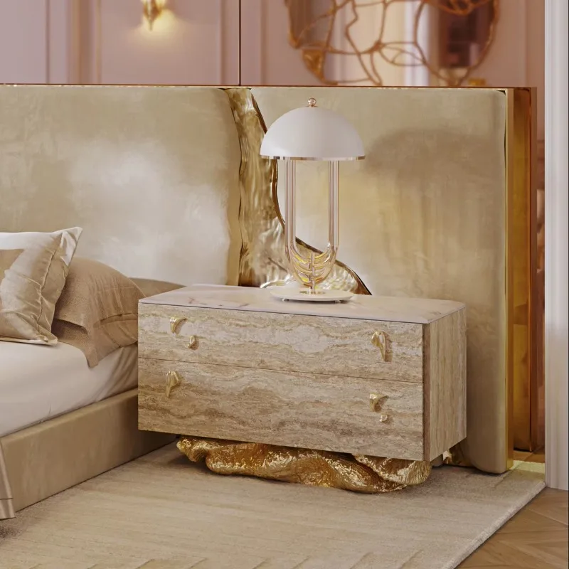 Light luxury black bedside table, brass bedside table with drawers, bedroom, luxury home furniture, villa use