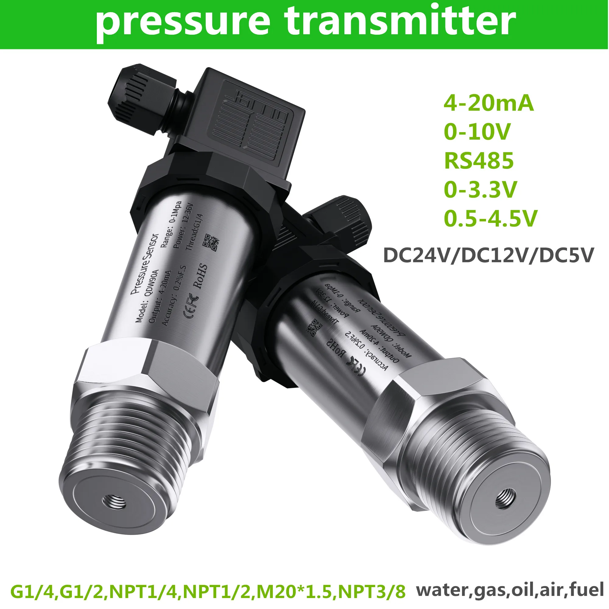 

4-20mA Pressure Transducer Sensor 0-1000Psi 5000Psi -0.1Mpa 60Mpa Water Gas Oil Transmitter G1/4' M20*1.5 NPT1/4' G1/2'