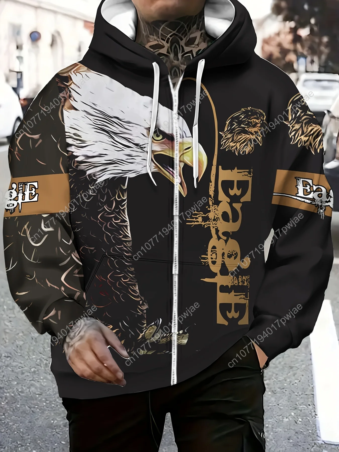 Sweat à capuche zippé imprimé aigle pour hommes – Pull élégant à manches longues avec un design "EAGLE", veste confortable automne/hiver, avec Golden & Eagle