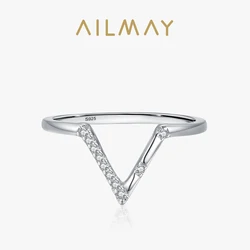 Ailmay Fashion Personality V Shape 100% 925 Sterling Silver For Women Dazzling CZ Simple Design Fine Hypoallergenic Jewelry