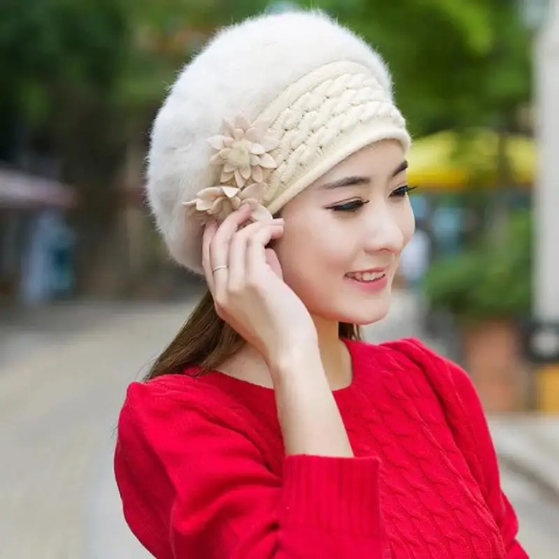 1 قطعة قبعة ، قبعة أمي من الصوف المحبوك للخريف والشتاء الدافئ ، قبعة إكسسوارات شتوية على شكل زهرة للنساء