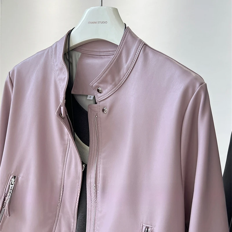 Chaqueta de cuero corta para mujer, chaqueta informal de cuero PU con cuello levantado y temperamento, chaquetas de motocicleta sólidas para primavera 2025