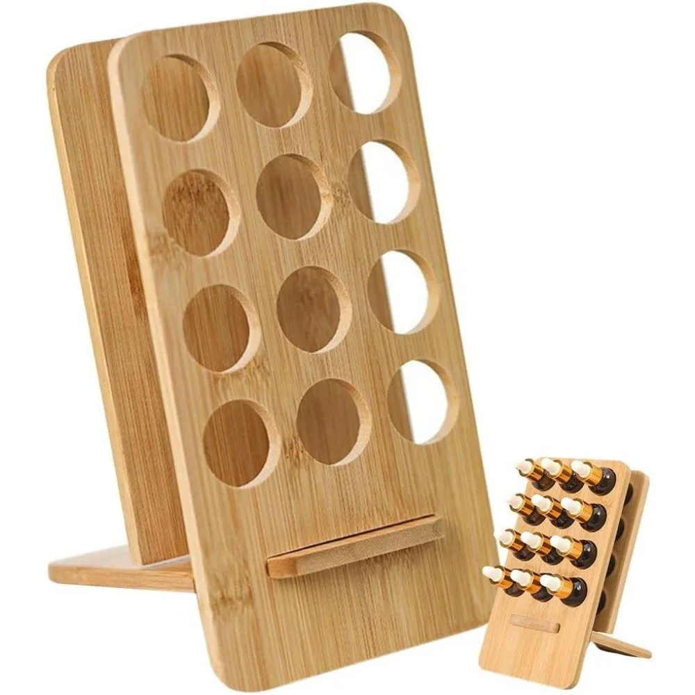 12-Hole Natural Bamboo Test Tube Holder, Tilted Desktop Rack for Essential Oil Bottles, Cosmetic Vials Storage Organizer