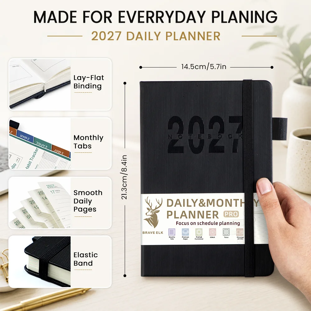 2027 A5 Daily Planner Notebook English Monthly Weekly Schedule Organizer Faux Leather Softcover 160 Sheets Business Efficiency