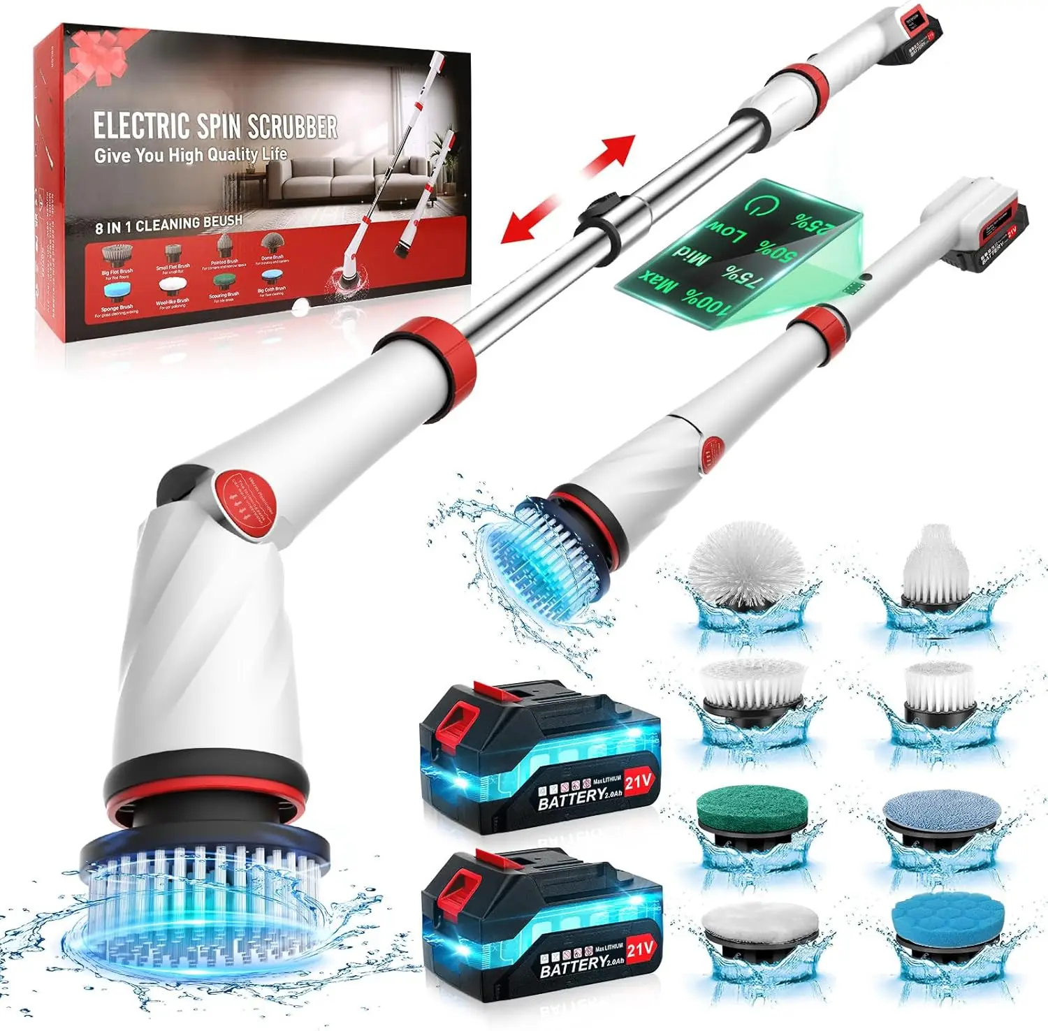 Rechargeable Electric Spin Scrubber, 8 in 1 Electric Spin Scrubber Cordless Tub and Tile Scrubber, 2000mAh Battery Power