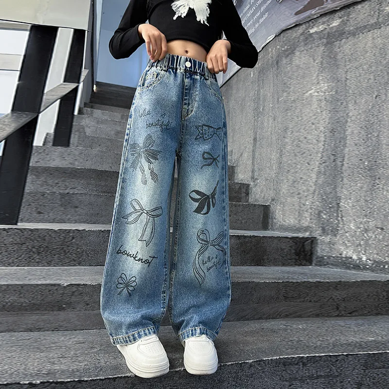 Girls Hand Drawn Graffiti Design Jeans New Teenage Children Wide Leg Denim Pants for Kids Loose Trousers Spring Autumn 4-15 Yrs