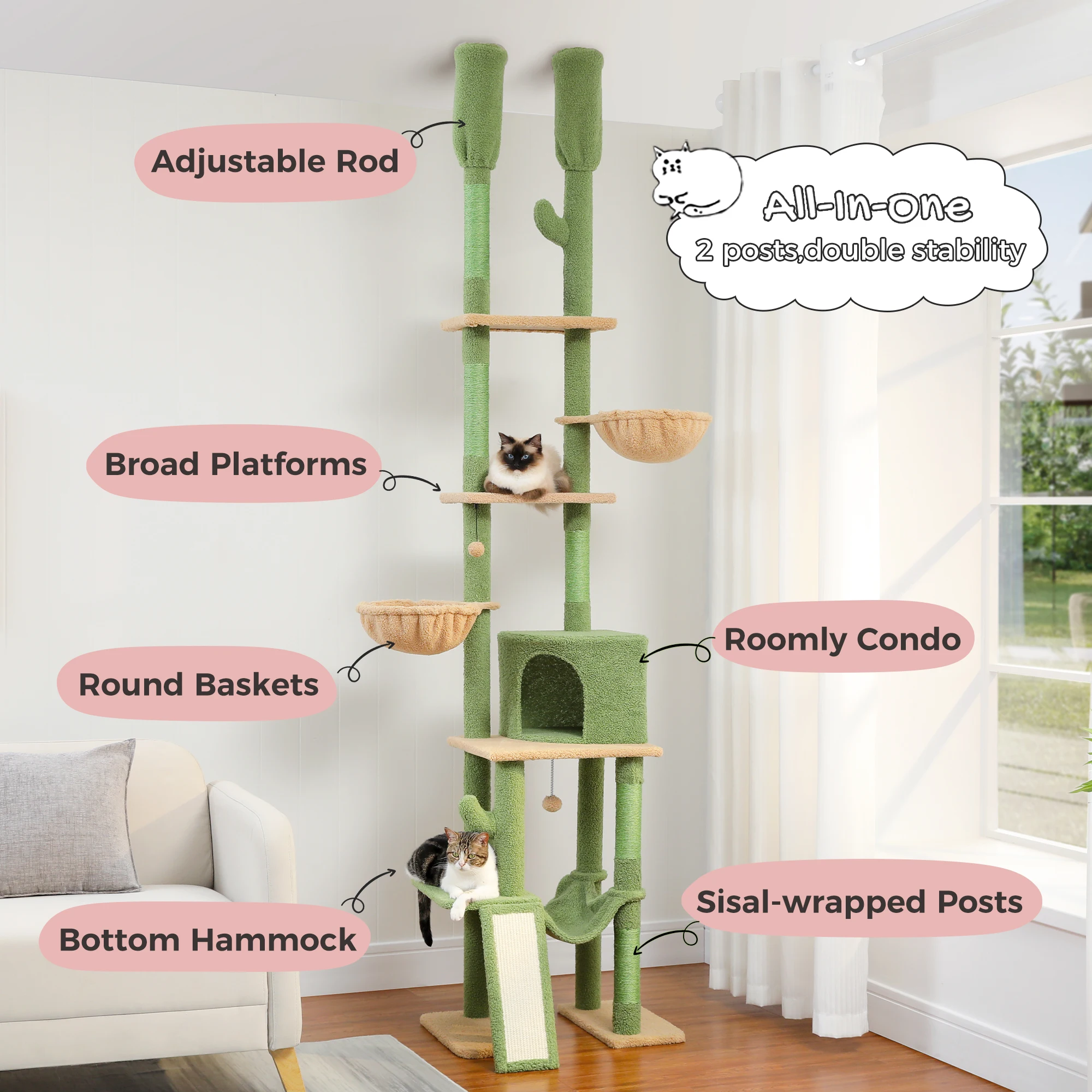 Adjustable 216-285cm Height Cactus Cat Tree with Condo Hammock High Cat Tower Scratching Post for Cat Jumping Platform Cat Toys