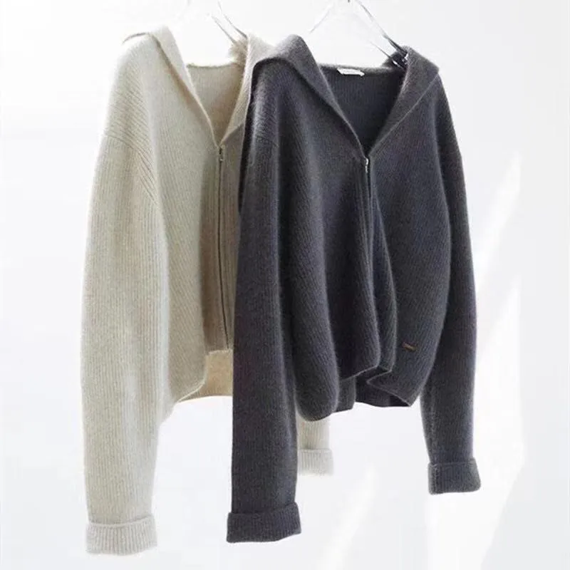 

Cashmere cardigan for women, loose sweater with navy collar and zipper, new autumn and winter