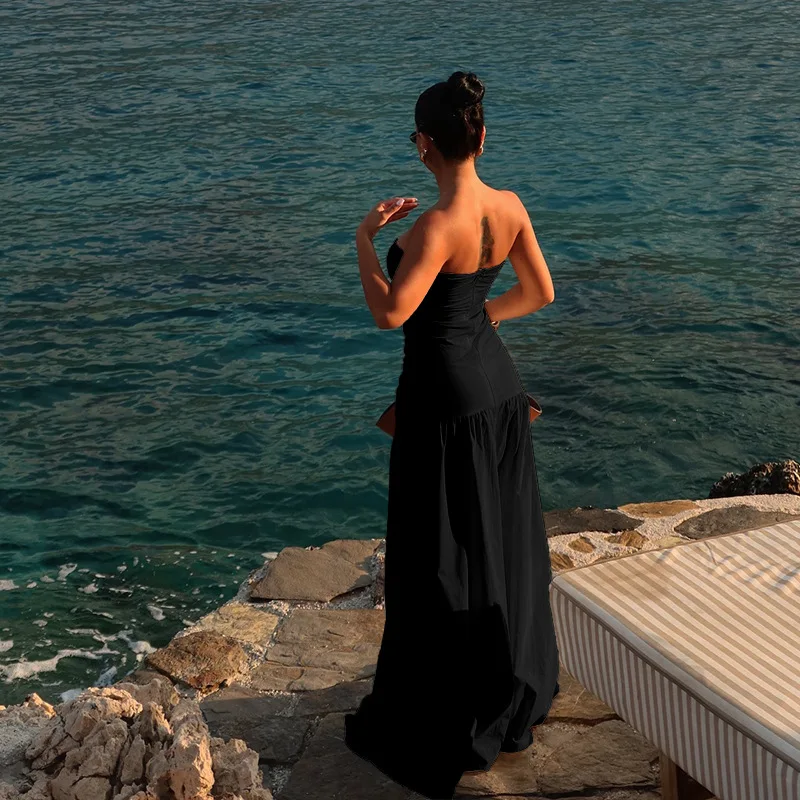 Robe creuse sans bretelles pour femmes, couleur unie, sans manches, moulante, Maxi, taille haute, épissure, nouvelle collection 2025