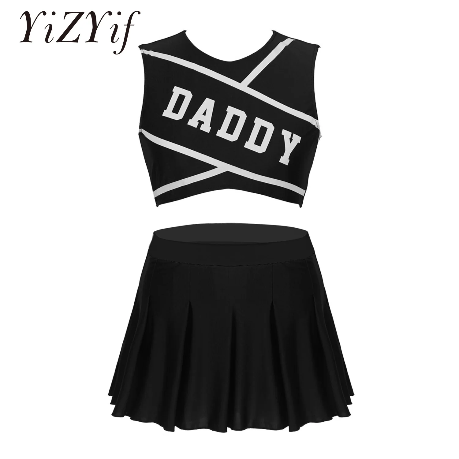 Women Charming Cheerleader Cosplay Costume School Girls Sexy Cosplay Round Neck Sleeveless Crop Top with Mini Pleated Skirt