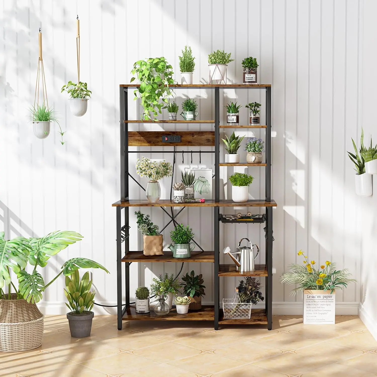 Large Bakers Rack with Power Outlets, 6-Tier Microwave Stand, Coffee Bar with 12 S-Shaped Hooks, Kitchen Shelf with Wire Basket