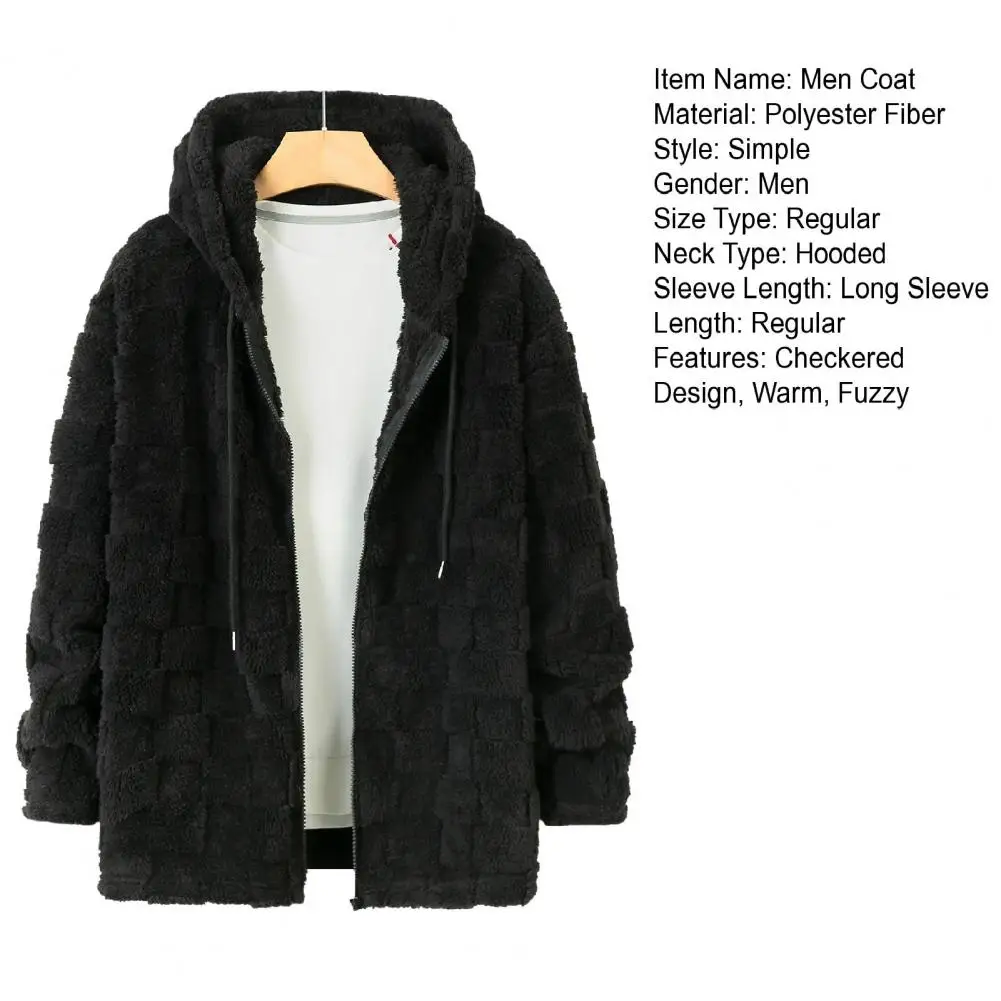 Fuzzy Men Coat Men Polyester Coat Men's Plush Hooded Jacket Fuzzy Checkered Zip-up Hoodie Warm Winter Coat for Casual Streetwear