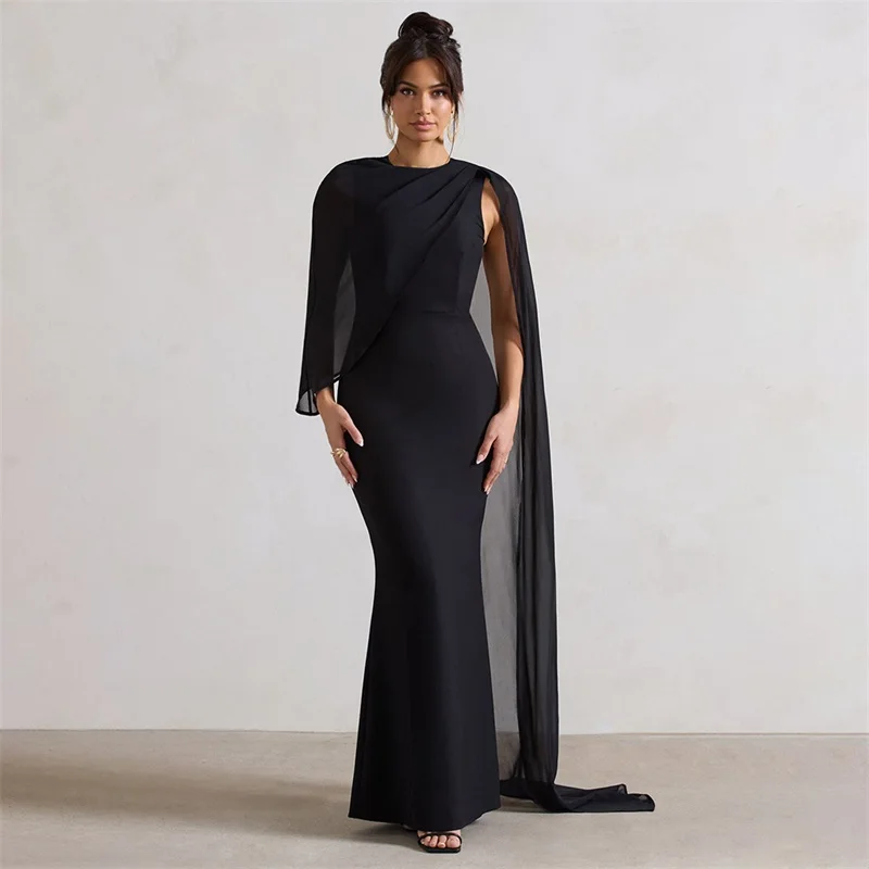 O-Neck Long Sleeve Women's Prom Skirt Net Pleated High Waist Party Gown Gergeous Apricot Color Black Evening Dess New Arrival